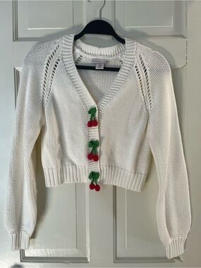 Sincerly Jules White Cropped Cardigan with Cherry Button Accents